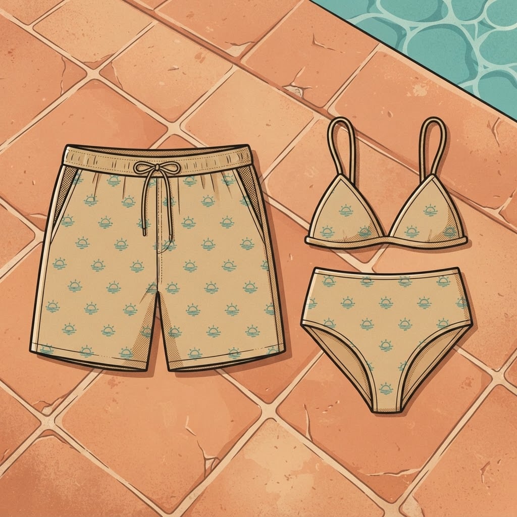 Flat-lay illustration of NanoCorp swim trunks and a bikini, both printed with the tiled sun mark, laid on sun-bleached poolside tile.