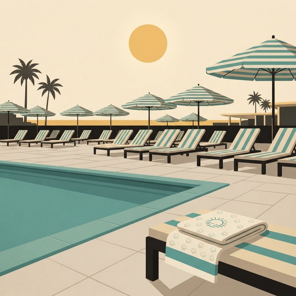 An illustrated vintage poolside at golden hour, with striped umbrellas, lounge chairs and a folded towel printed with NanoCorp's tiled sun mark.