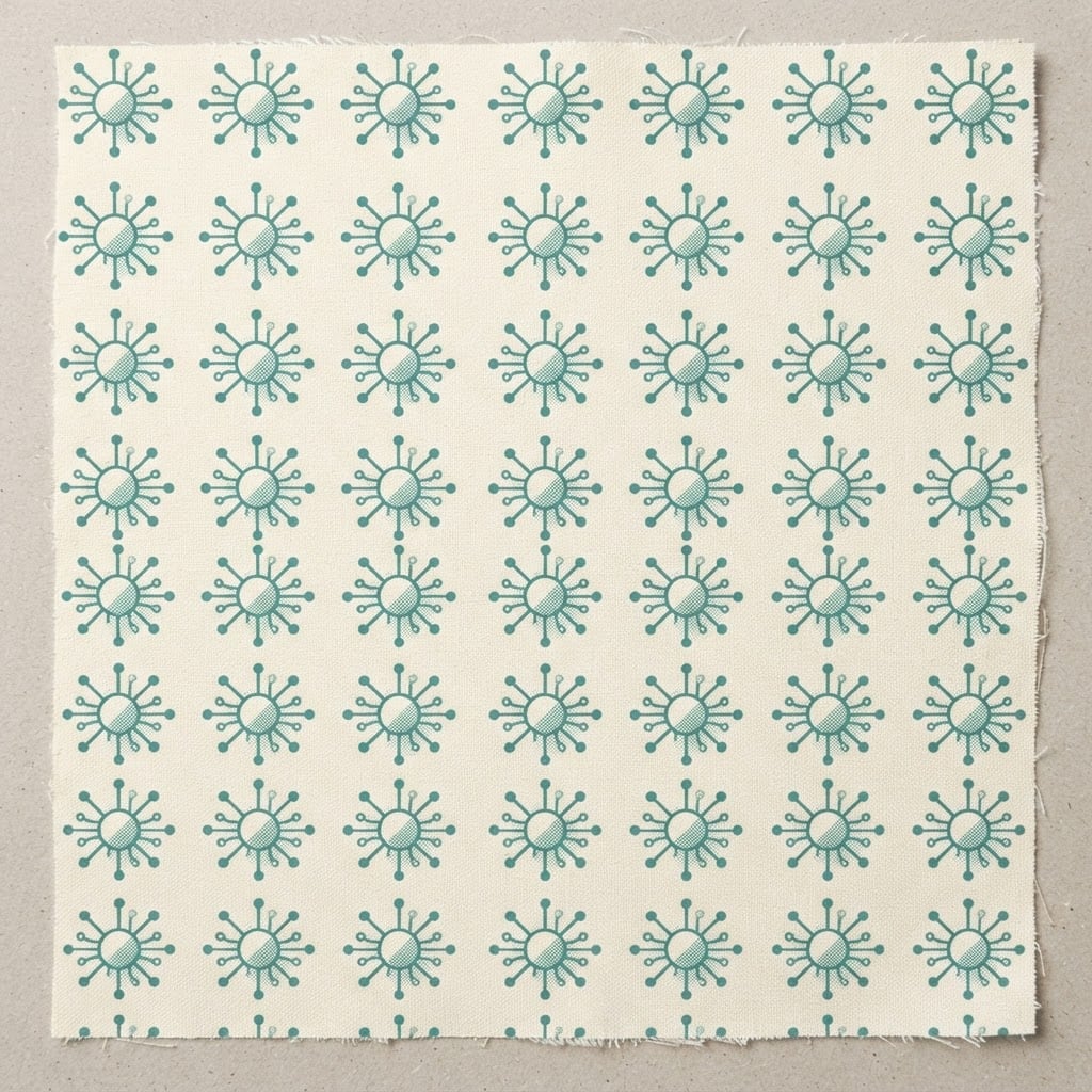 Close-up of the fabric print: NanoCorp's small sun-and-circuit mark, tiled edge to edge in muted teal on cream.